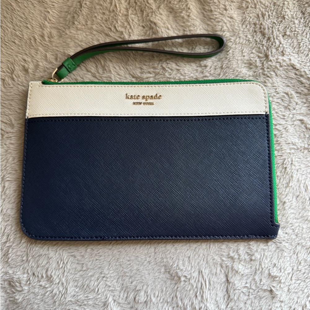 Kate Spade Blue and White Clutch with Green Trim